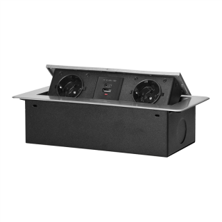 Gniazdo meblowe wpuszczane w blat z płaskim frezowanym rantem i ładowarką USB, 2x2P+Z (Schuko),2x USB (typ A+C; 3,6A), srebrne  OR-GM-9034(GS)/G/ORN