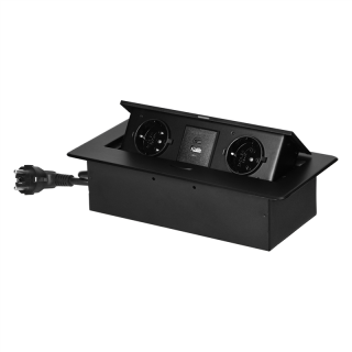 Gniazdo meblowe wpuszczane w blat z płaskim frezowanym rantem, ładowarką USB i przewodem 1,5m, 2x2P+Z (Schuko), 2xUSB (typ A+C; 3,6A), czarne  OR-GM-9035(GS)/B/ORN