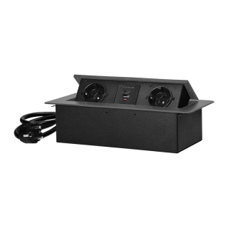Gniazdo meblowe wpuszczane w blat z płaskim frezowanym rantem, ładowarką USB i przewodem 1,5m, 2x2P+Z (Schuko), 2xUSB (typ A+C; 3,6A), grafitowe  OR-GM-9035(GS)/GR/ORN