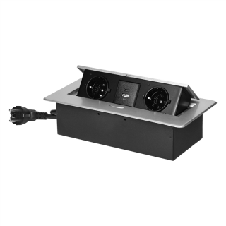 Gniazdo meblowe wpuszczane w blat z płaskim frezowanym rantem, ładowarką USB i przewodem 1,5m, 2x2P+Z (Schuko), 2xUSB (typ A+C;3,6A), srebrne  OR-GM-9035(GS)/G/ORN