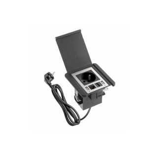 Gniazdo meblowe wpuszczane z przesłoną Flip, 1x gniazdo french, 2xUSB A 1xRJ45, kabel 1.5m, czarne  AE-GM1FFLI-20/GTV