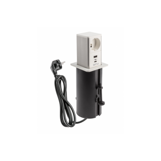 Gniazdo meblowe wysuwane Tower, 1x gniazdo french, 1xUSB A, 1xUSB C, kabel 1.5m, białe, kapsel inox  AE-GMW1FTOW-10/GTV