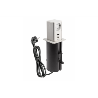 Gniazdo meblowe wysuwane Tower, 1x gniazdo schuko, 1xUSB A, 1xUSB C, kabel 1.5m, białe, kapsel inox  AE-GMW1STOW-10/GTV