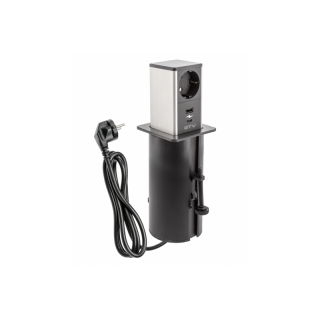 Gniazdo meblowe wysuwane Tower, 1x gniazdo schuko, 1xUSB A, 1xUSB , kabel 1.5m, czarne, kapsel inox  AE-GMW1STOW-20/GTV