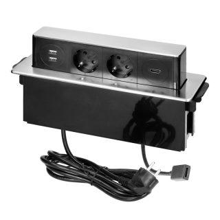 Gniazdo meblowe wysuwane z blatu z płaskim frezowanym rantem, ładowarką USB i przewodem 2m, 2x2P+Z (Schuko), 2 x USB (Typ A), HDMI, 3x1,5mm2, czarno-srebrne, INOX  OR-GM-9016(GS)/B-G/ORN