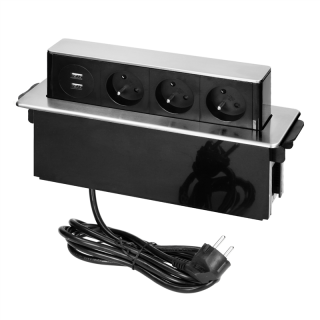 Gniazdo meblowe wysuwane z blatu z płaskim frezowanym rantem, ładowarką USB i przewodem 2m, 3 gniazda typ E, 2 x USB (2,4A), 3x1,5mm2, czarno-srebrne, INOX  OR-GM-9009/B-G/ORN
