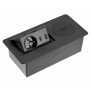 Gniazdo wpuszczane w biurko AVARO PLUS,1x gniazdo 230V, USB A+C, ładowarka indukcyjna 5W, przewód 1,5m, czarny; AE-PB1FAVAP-20, GTV  AE-PB1FAVAP-20/GTV