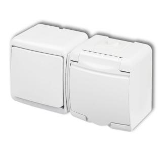 JUNIOR Łącznik jednobiegunowy z gniazdem hermetycznym 2P+Z IP54 10A(łącznik) 16A(gniazdo) 250V~, biały/klapka biała; WGHH-1, KARLIK  WGHH-1/KRL