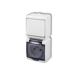 JUNIOR Łącznik jednobiegunowy z gniazdem hermetycznym pion 2P+Z IP54 10A(łacznik) 16A(gniazdo); biały/ klapka dymna; WGHP-1D, KARLIK  WGHP-1D/KRL