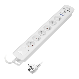 Listwa przeciwprzepięciowa, 6 gniazd 2P+Z, kabel 3x1,0mm2, długość 3m, z wyłącznikiem podświetlanym dwutorowym. 10A/230 VAC, Ochronnik przeciwprzepięciowy Typ 3: Uoc: 4kV (L-N, L/NPE); Up: 2,2kV(L-N,L/N-PE); 375J. Ładowarka 2xUSB 2,1A  OR-AE-13163/3M/ORN