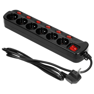 Listwa zasilająca "Multiswitch", 6 gniazd 2P+Z, kabel 3x1,0mm2, długość 1,5m. Wyłącznik termiczny. 10A/230 VAC, czarny  OR-AE-13162/B/1,5M/ORN