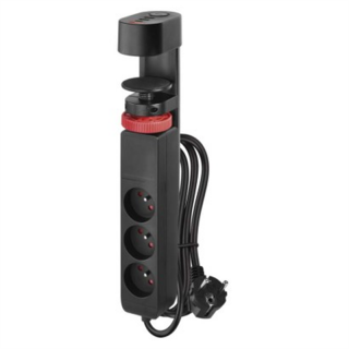 Przedłużacz 1,5 m/3 gniazda/przełącznik/uchwyt biurkowy/USB/czarny/PVC/1,5 mm2  P1311PD/EMO