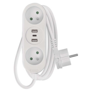 Przedłużacz 2 m / 2 gniazda + 2×USB A+1×USB C / biały / PVC / 1 mm2  P0212U/EMO