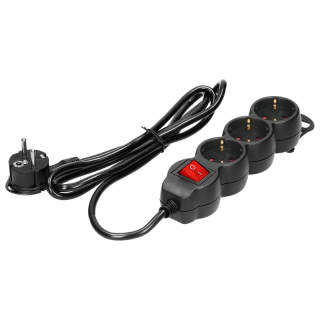 Przedłużacz 3-krotny 2P+Z (Schuko), z wyłącznikiem, 1,5m H05VV-F 3x1,5mm2, Imax=16A, płaska wtyczka, czarny  ES-5(GS)/B/1,5/ORN