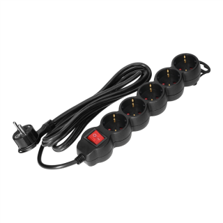 Przedłużacz 5-krotny 2P+Z (Schuko) z wyłącznikiem, 1,5m H05VV-F 3x1,5mm2, Imax=16A, płaska wtyczka, czarny  ES-7(GS)/B/1,5/ORN