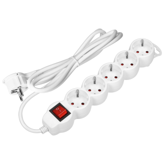Przedłużacz 5-krotny 2P+Z (Schuko), z wyłącznikiem, 5m H05VV-F 3x1,5mm2, Imax=16A, płaska wtyczka, biały  ES-7(GS)/W/5/ORN