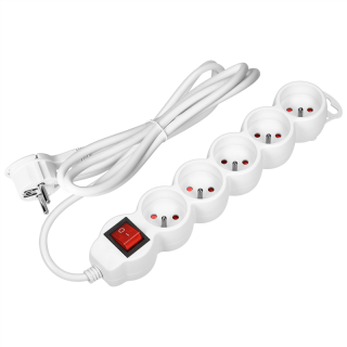Przedłużacz 5-krotny 2P+Z z wyłącznikiem, 1,5m H05VV-F 3x1,5mm2, Imax=16A, płaska wtyczka, biały  ES-7/W/1,5/ORN