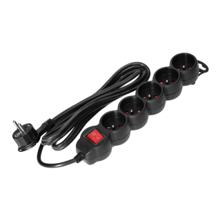 Przedłużacz 5-krotny 2P+Z z wyłącznikiem, 1,5m H05VV-F 3x1,5mm2, Imax=16A, płaska wtyczka, czarny  ES-7/B/1,5/ORN