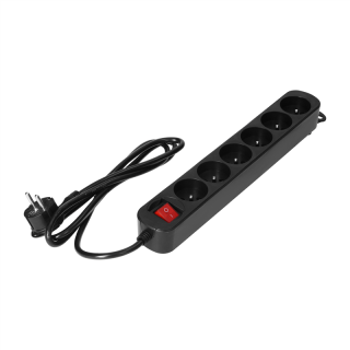 Przedłużacz 6-krotny 2P+Z, z wyłącznikiem, 1,5m H05VV-F 3x1,0mm2, Imax=10A, płaska wtyczka, czarny  ES-1/B/1,5M/ORN