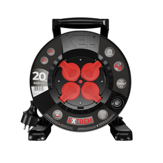 Przedłużacz bębnowy EXTREME LINE; 4x2p+Z; IP44; 16A; H05RR-F; 3x1,5; 20m; CZARNY  W-100024/PLR