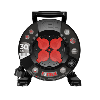 Przedłużacz bębnowy EXTREME LINE; 4x2p+Z; IP44; 16A; H05RR-F; 3x2,5; 30m; CZARNY  W-100029/PLR