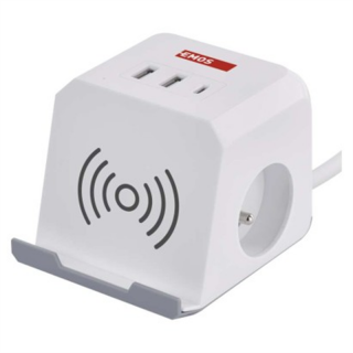 Przedłużacz - kostka 2 m / 2 gniazda / biały / 2×USB-A + 1×USB-C+Qi / 1,5 mm2  P0212CQ/EMO