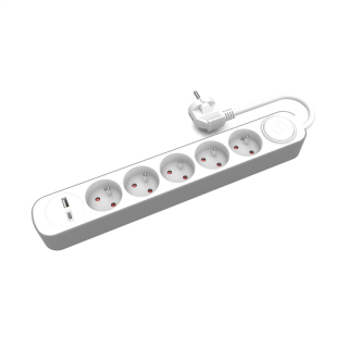 Przedłużacz stały z pięciokrotnym gniazdem wtyczkowym i włącznikiem oraz gniazdami USB A, USB C, 1,5m  W-30003/PLR