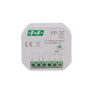 Przekaźnik elektromagnetyczny w obudowie do bezpośredniego montażu w puszce podtynkowej 2Z(2NO) 16A, U=7÷30VAC / 9÷40VDC; PP-2Z-24V, FF FILIPOWSKI  PP-2Z-24V/FIF