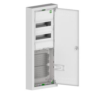 Rozdzielnica hybrydowa: RN 2x12M z zaciskami PE+N; multimedialna wyposażenie: płyta montażowa x2 + gniazdo 2P+Z 16A, IP30, drzwi metal, biały, MSF TWIN; 2015-20, EPN  2015-20/EPN