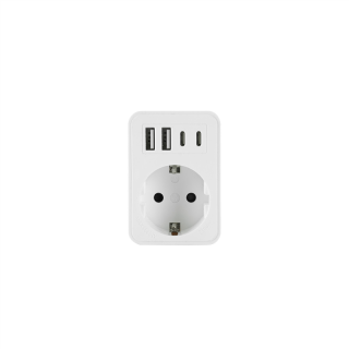 Rozgałęźnik wtyczkowy jednokrotny. Gniazda: 1x gniazdo okrągłe z uziemieniem. Złącza: 2xUSB A, 2xUSB C, SCHUKO  W-72025/PLR