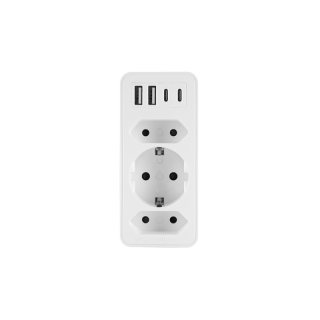 Rozgałęźnik wtyczkowy trzykrotny. Gniazda: 1x gniazdo okrągłe z uziemieniem, 2x gniazdo płaskie 2p. Złącza: 2xUSB A, 2xUSB C, SCHUKO; W-72029, PLASTROL  W-72029/PLR