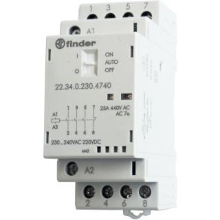 Stycznik modułowy 25A 3Z 1R 230V AC/DC , wskaźnik zadziałania mechaniczny i LED, szerokość 35mm; FINDER  22.34.0.230.4740/FIN