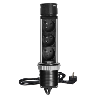 Wpuszczane gniazdo meblowe O6cm z ładowarką USB i przewodem 1,5m, 3x2P+Z, 2xUSB (typ A i typ C), INOX  OR-GM-9027/ORN