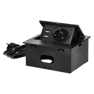 Wpuszczane gniazdo meblowe z ładowarką USB i przewodem 1,5m, 1x2P+Z Schuko, 2xUSB (typ A, 2,1A), płaski rant frezowany, czarny  OR-GM-9029(GS)/B/ORN