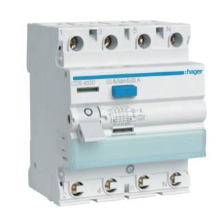 Wyłącznik różnicowoprądowy 3P+N 63A/30mA Typ A QuickConnect, RCCB; CDS463D, HAGER  CDS463D/HAG