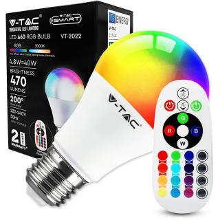 Żarówka LED sterowana pilotem E27 A60 4,8W 470lm, barwa: RGB+3000K, IP20; V-TAC  217121/VTC