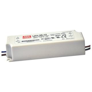 Zasilacz impulsowy do oświetlenia LED 36W 12VDC 3A, obudowa IP67, nap.wejśc.: 90-264VAC; 127-370VDC; LPV-35-12; Mean Well  LPV-35-12/MNW