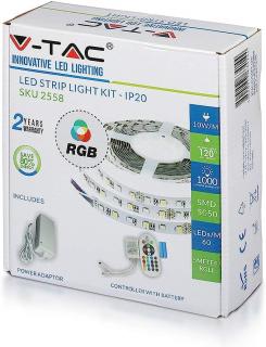 Zestaw taśma LED z zasilaczem i sterownikiem, barwa: RGB, IP20, rolka:5m; VT-5050 60, V-TAC  2558/VTC