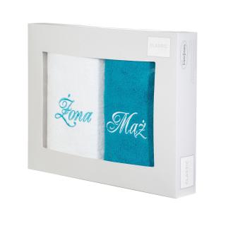 Komplet ręczników 2x50x90 MĄŻ ŻONA białe turkusowe haftowane w kartonowym pudełku