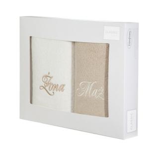 Komplet ręczników 2x50x90 MĄŻ ŻONA kremowe brązowe haftowane w kartonowym pudełku