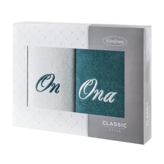 Komplet ręczników 2x50x90 ON ONA kremowe ciemna zieleń haftowane w kartonowym pudełku