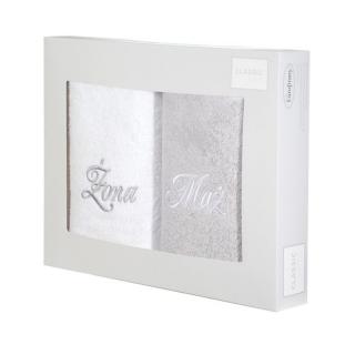 Komplet ręczników 2x70x140 MĄŻ ŻONA białe srebrne haftowane w kartonowym pudełku