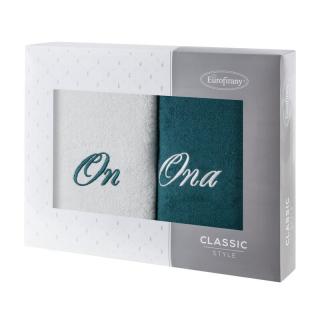 Komplet ręczników 2x70x90 ON ONA ciemna zieleń kremowe haftowane w kartonowym pudełku