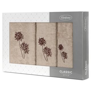 Komplet ręczników 3 szt. ACELIA beżowe z haftowanym brązowym wzorem kwiatów facelii w kartonowym pudełku