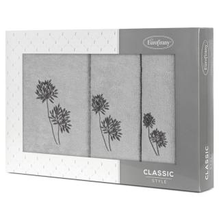 Komplet ręczników 3 szt. ACELIA srebrne z haftowanym grafitowym wzorem kwiatów facelii w kartonowym pudełku