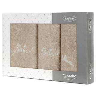 Komplet ręczników 3 szt. FAIRY beżowe z haftowanym kremowym wzorem motyli w kartonowym pudełku