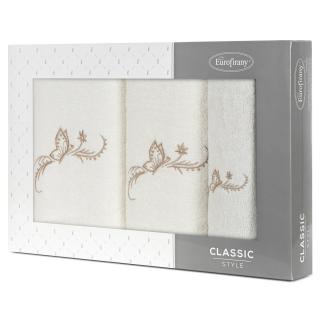 Komplet ręczników 3 szt. FAIRY kremowe z haftowanym beżowym wzorem motyli w kartonowym pudełku