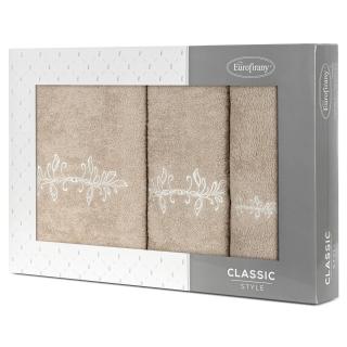 Komplet ręczników 3 szt. KAMELIA beżowe z haftowanym kremowym wzorem delikatnych listków w kartonowym pudełku