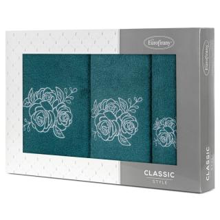 Komplet ręczników 3 szt. ROSALIA ciemna zieleń z haftowanym srebrnym wzorem różyczek w kartonowym pudełku