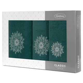 Komplet ręczników 3 szt. ROSETTE ciemna zieleń z haftowanym srebrnym wzorem rozety w kartonowym pudełku